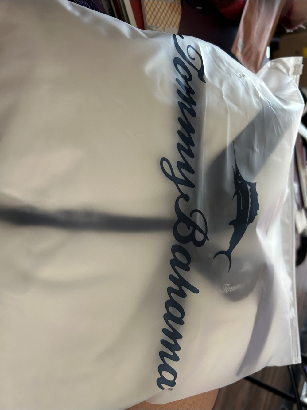 Tommy Bahama White Tote with Navy Script and Marlin